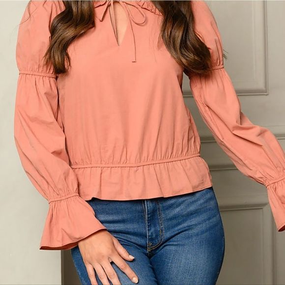 LONG SLEEVE SMOCK FRONT TIE TOP Rose - Picture 2 of 3
